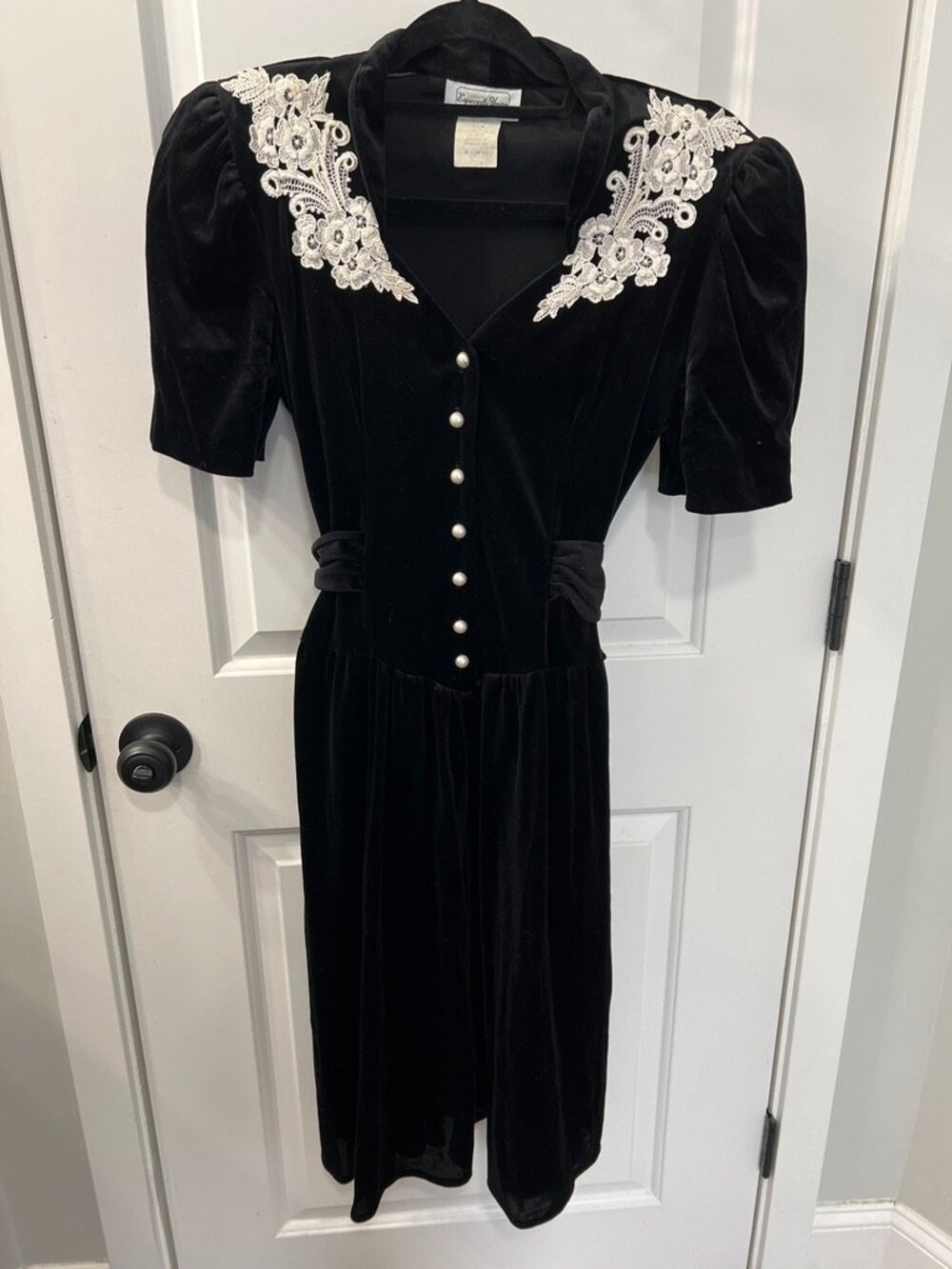 Vintage Especially Yours Black Velvet Dress Lace Collar Pearl Button Midi Dress